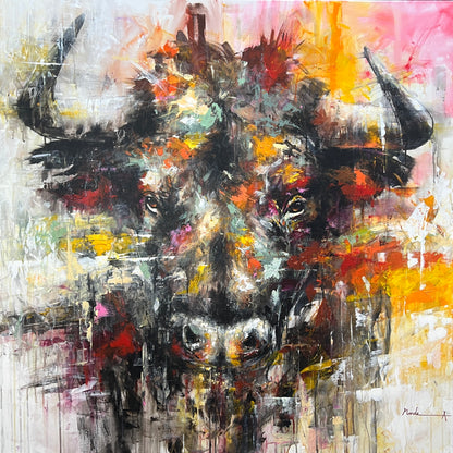 Abstract painting of a bull with vibrant colors on a white background