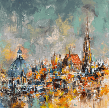 Abstract Vienna painting of a cityscape with prominent buildings