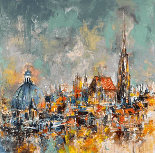 Abstract Vienna painting of a cityscape with prominent buildings
