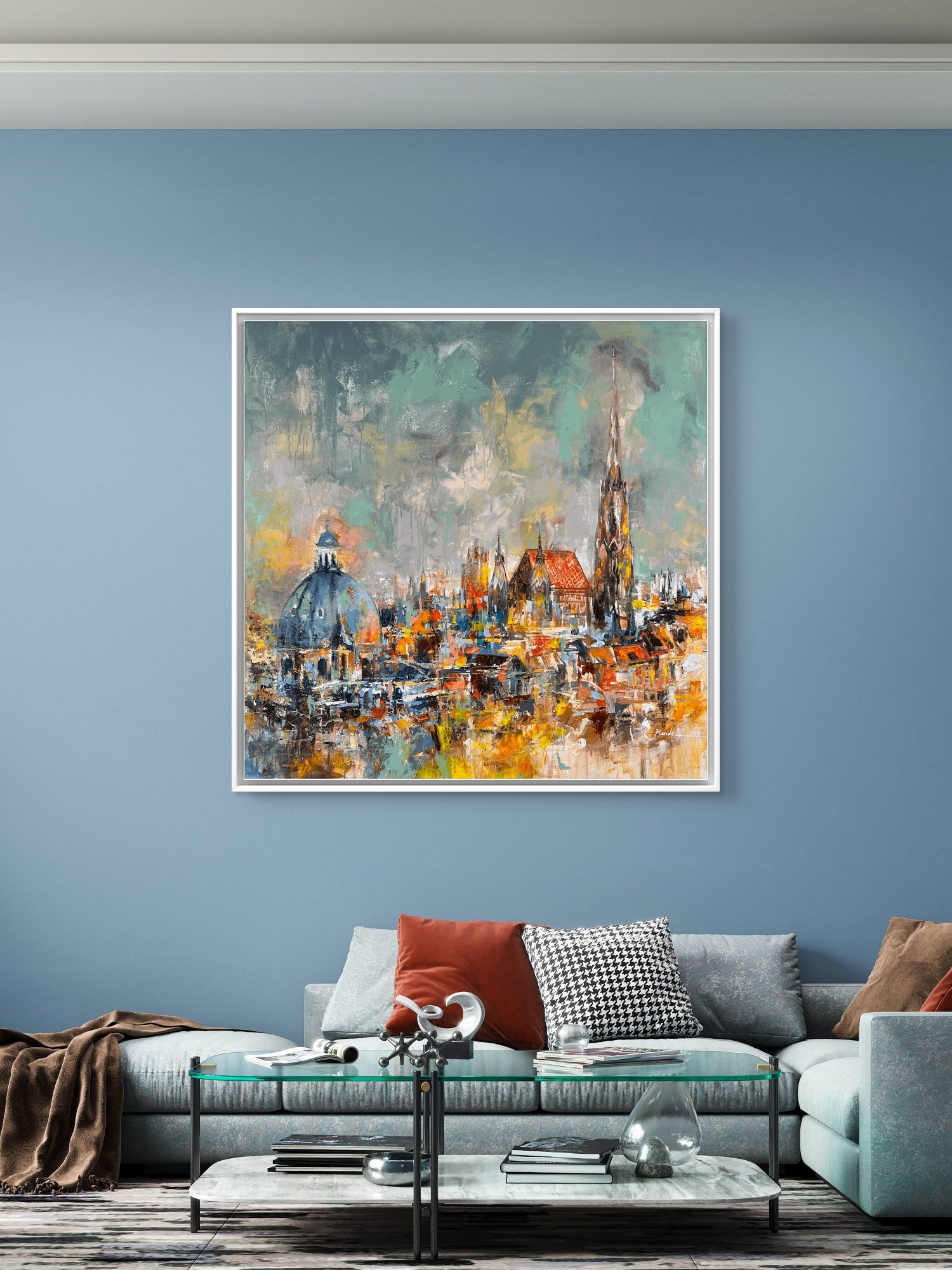 Vienna cityscape painting in acrylic — original artwork by Mandea capturing the charm of Vienna’s old streets, classic European architecture, and warm evening light