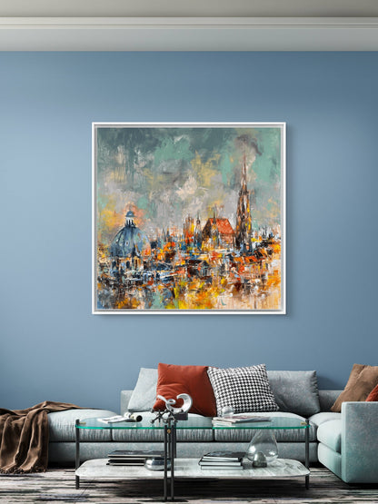 Vienna cityscape painting in acrylic — original artwork by Mandea capturing the charm of Vienna’s old streets, classic European architecture, and warm evening light