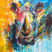 Colorful rhino painting in vibrant blues and oranges