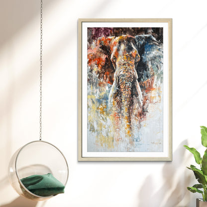 Framed abstract painting of an elephant in a modern interior setting