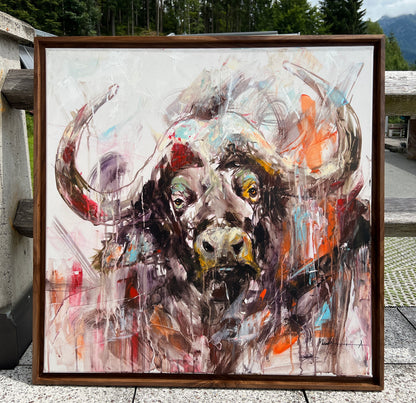Abstract painting of a buffalo with colorful brush strokes on a light background 
