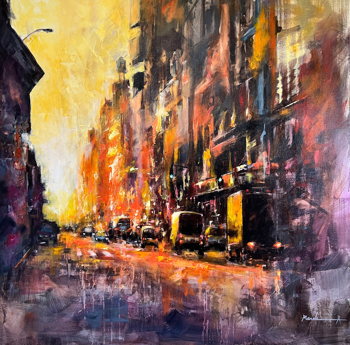 An impressionistic city street sunset painting with tall buildings, vehicles, and warm glowing windows, rendered in bold brushstrokes of yellow, orange, red, brown, black, and purple.