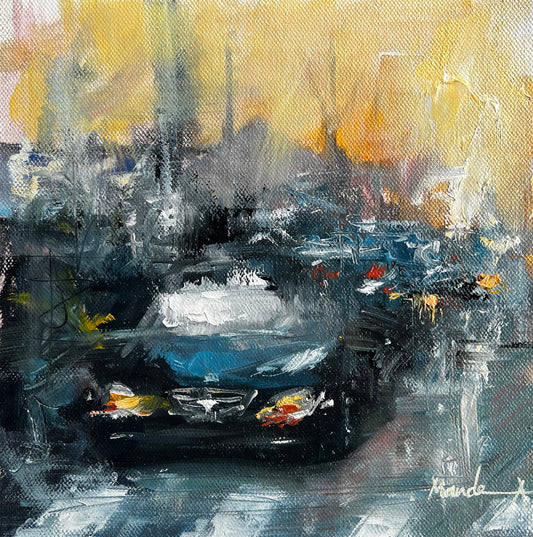 Original oil painting showing a car on a zebra crossing in an urban street scene, painted in impressionistic style with warm yellows and cool blues