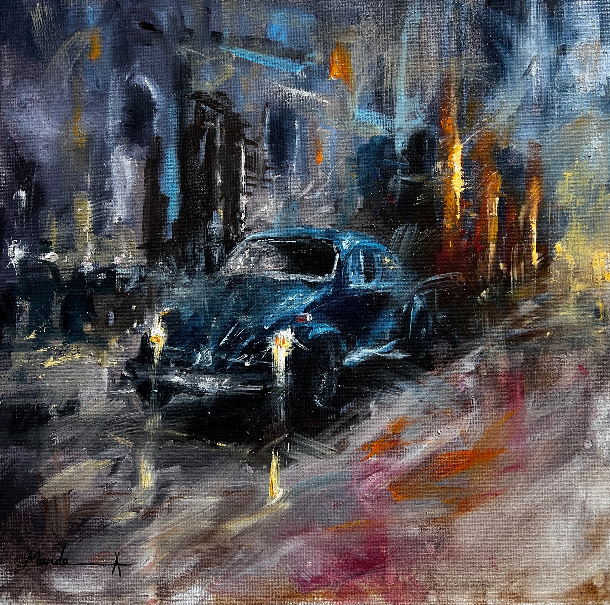 urban, vintage car, oil painting, original artwork