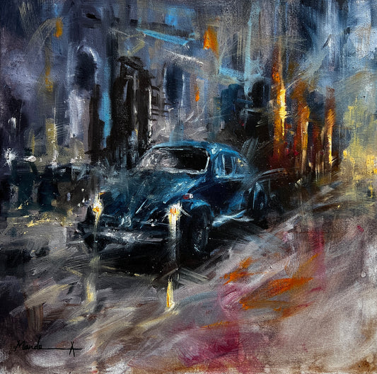 urban, vintage car, oil painting, original artwork
