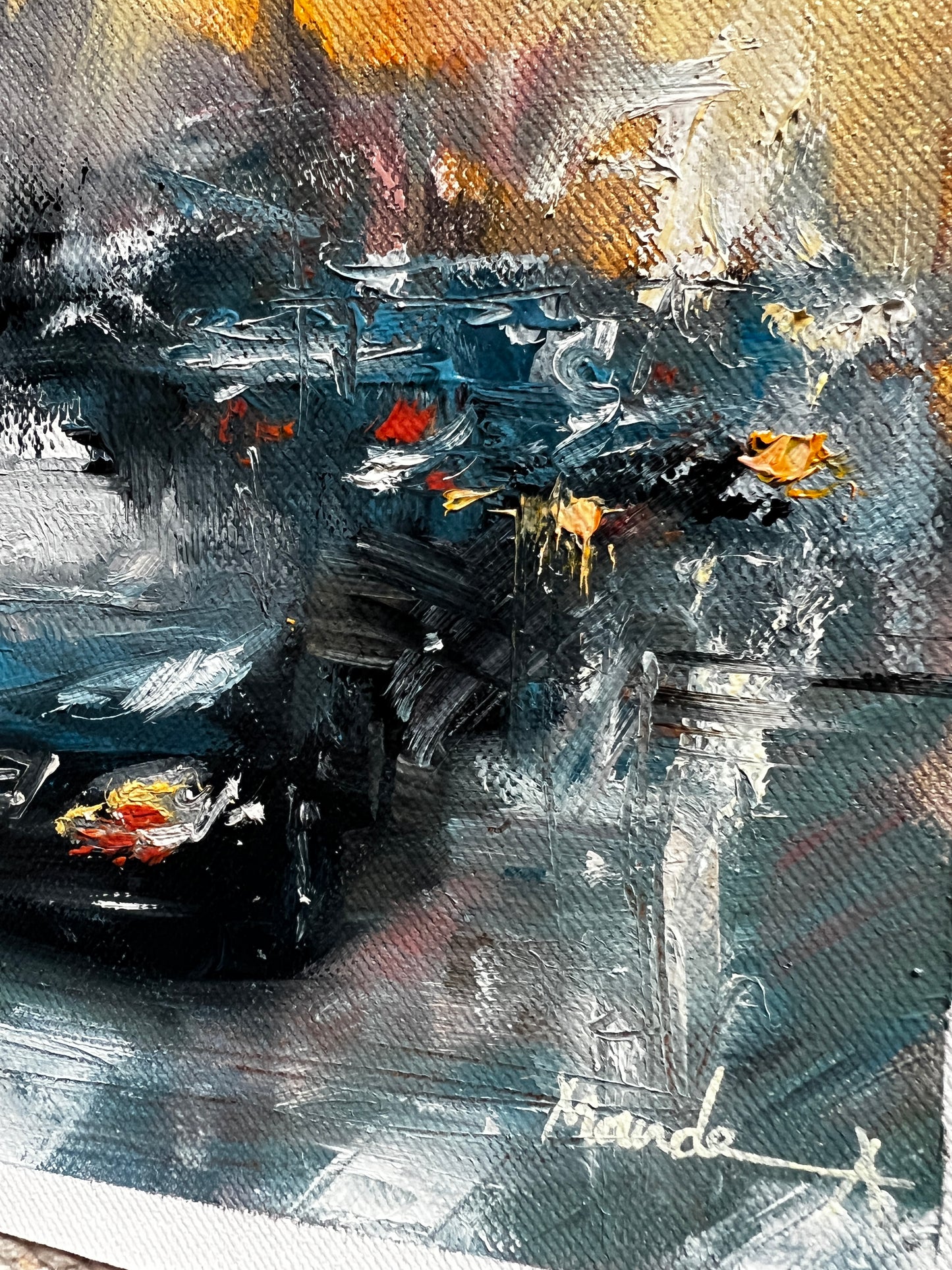 Abstract painting of a car on a textured surface
