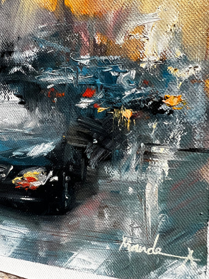 Abstract painting of a car on a textured surface